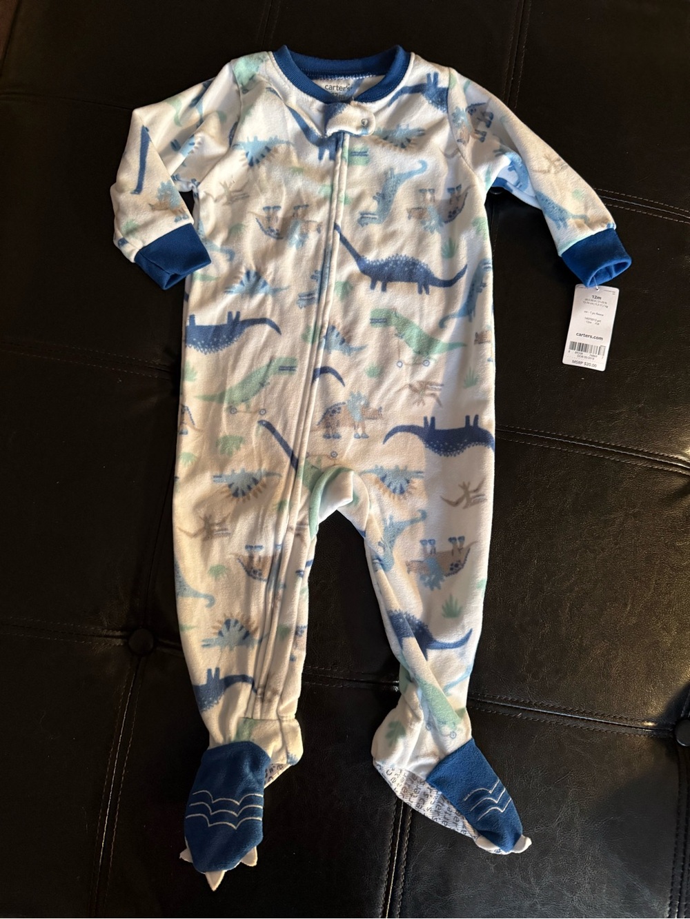 Carter's White Footed One-Piece with Blue and Green Dinosaur Print